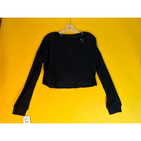 Row A Cropped Henley Knit Top Womens M Black Long Sleeve Pullover Casual NWT - Picture 5 of 5